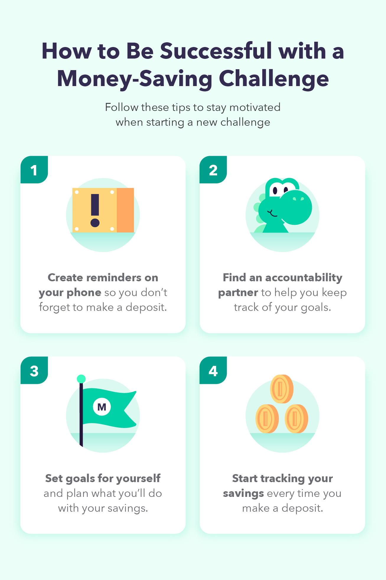 Four illustrations accompany tips for how to be successful when attempting a money-saving challenge.