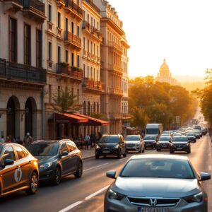 As the sun sets over the bustling city street, historic buildings stand proudly on the left, while cars drive effortlessly into the distance toward a domed landmark. The warm glow of sunlight bathes everything in gold, making driving in Spain feel like a hassle-free journey. Lush trees add vibrant greenery to the right.