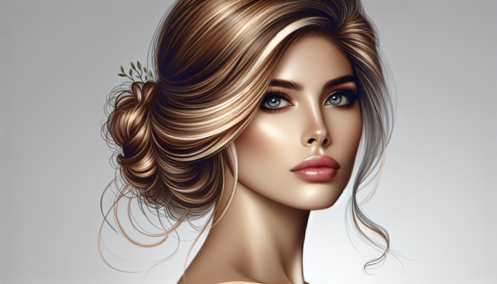 Elegant woman with brown hair and blonde highlights in chic updos and loose styles.