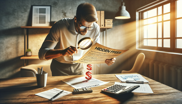 Person using magnifying glass to scrutinize contract, highlighting fees, with calculator and budget sheet.