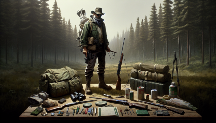 Budget-conscious beginner hunter in forest with second-hand gear and basic firearm, surrounded by discounted essentials.