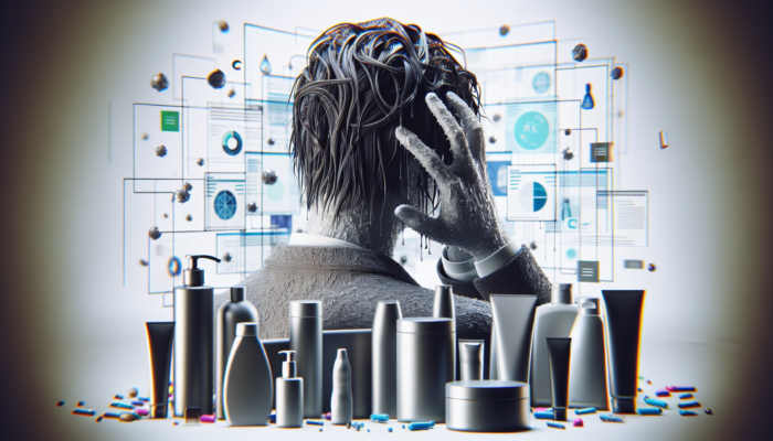 A person with greasy hair touching it, surrounded by hair products, showing daily habits' impact on hair health.