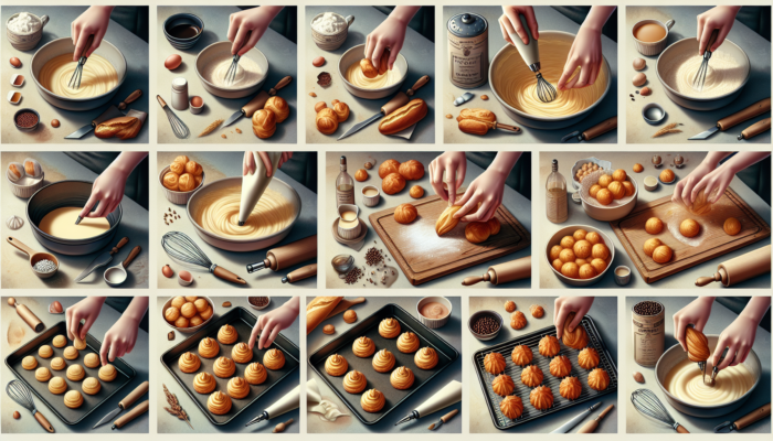 Illustration of hands crafting choux pastry, from dough to baking, in a warm kitchen.