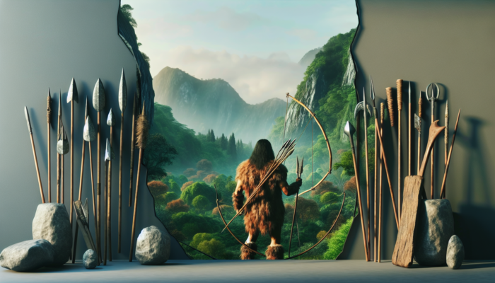 A hunter choosing primitive weapons like spears and bows in a prehistoric forest setting.