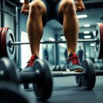 A person wearing red and black athletic shoes is preparing to lift a barbell with additional weights on the floor of a gym. The focus is on their legs and the barbell, with gym equipment visible in the background.