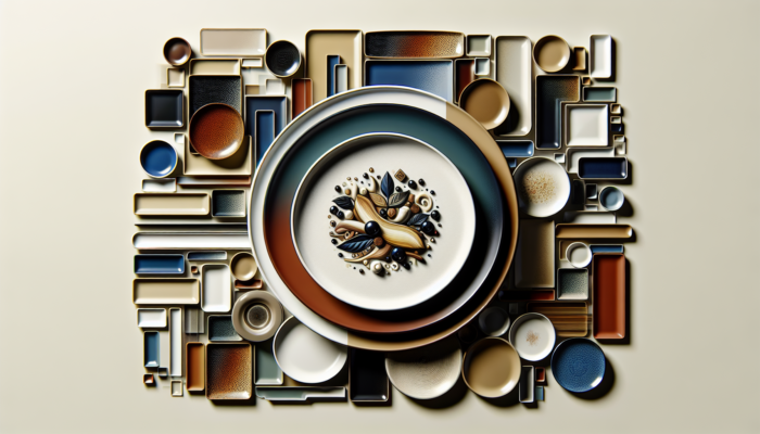 Gourmet Dish Presentation: A gourmet dish on a white round plate, surrounded by various colored and patterned plates.