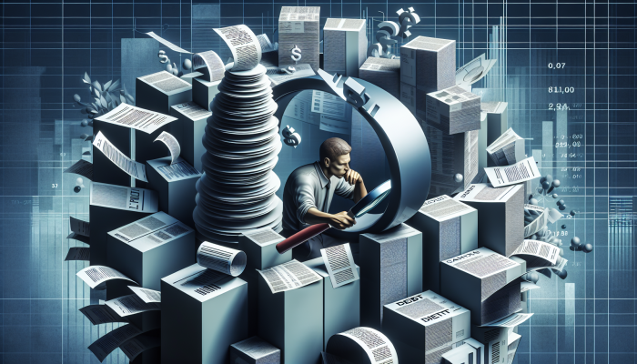 Coping with Debt Consolidation Setbacks: A Comprehensive Guide | DCL Person analyzing towering bills and financial documents with a magnifying glass, surrounded by debt charts and graphs.