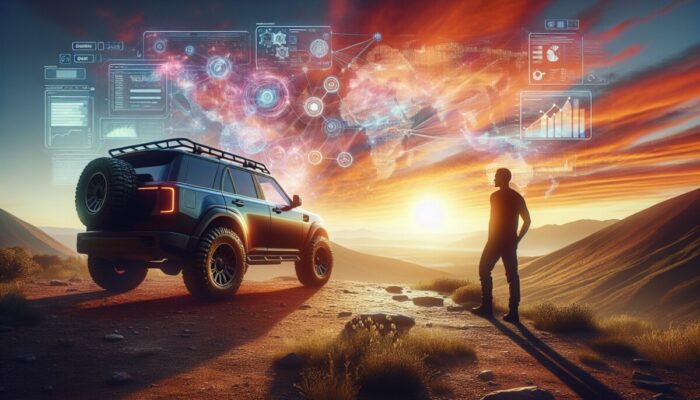 A person beside a 4x4 vehicle in a rugged landscape at sunset, contemplating their next off-road adventure.