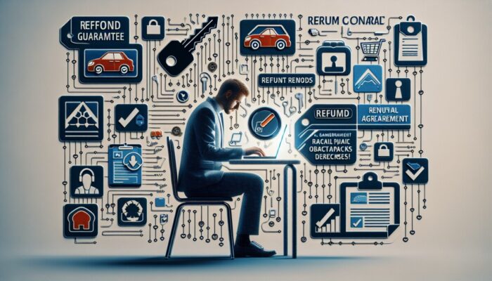 An individual comparing car rental services online with essential documents, refund badges, and a checklist.