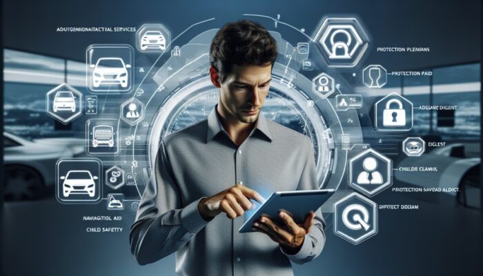Individual in rental office evaluating added services such as GPS, insurance, and child seats on a tablet.