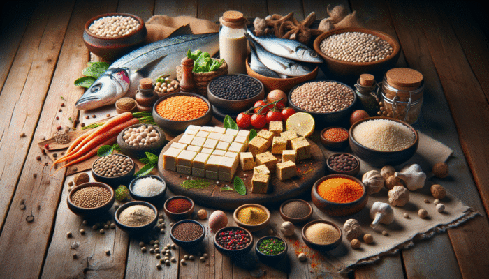 A vibrant arrangement of tofu, lentils, quinoa, and fish on a rustic table adorned with garnishes and spices.