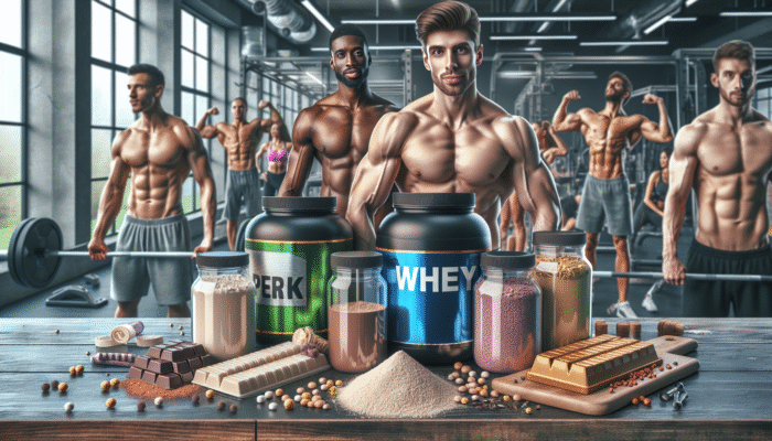 A table showcasing various protein supplements like whey, plant-based powders, and bars, set against a gym backdrop.