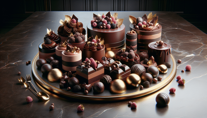 An elegant display of chocolate desserts artfully arranged on a luxurious marble table, enhanced with gold leaf and fresh berries.