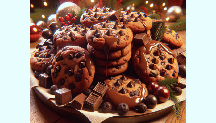 Close-up of rich double chocolate chip cookies arranged on a festive platter surrounded by cheerful holiday decorations.