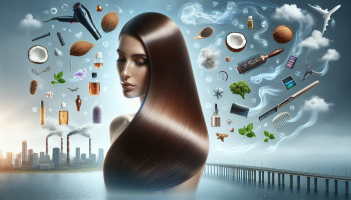 Woman showcasing her repaired, shiny hair thanks to coconut and argan oil, against environmental stressors and styling tools.