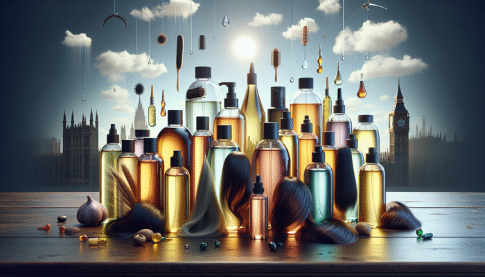 Variety of hair oils displayed on a wooden table, each labeled with benefits, set against a backdrop of UK weather.
