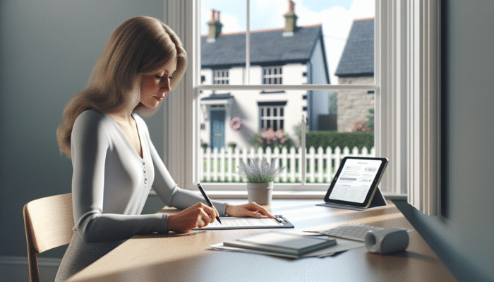 Individual completing Lasting Power of Attorney documentation at a desk, UK home visible through window, illustrating remote property management.