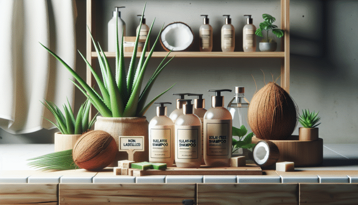 Sulfate-free shampoo bottles on a wooden shelf with aloe vera and coconut, symbolizing gentle hair care.