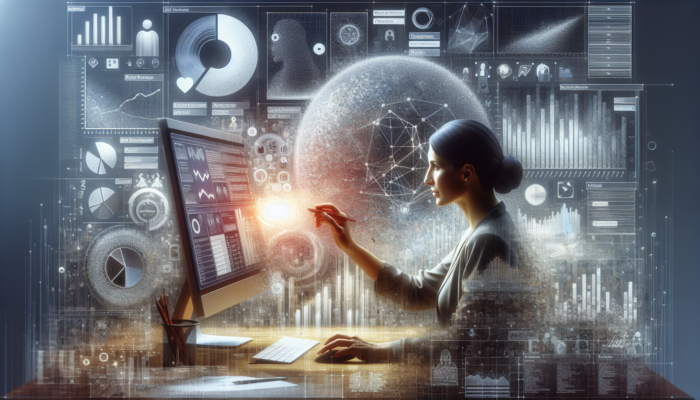 Business owner updating Google Business Categories on a computer, surrounded by graphs, feedback, and industry trends.