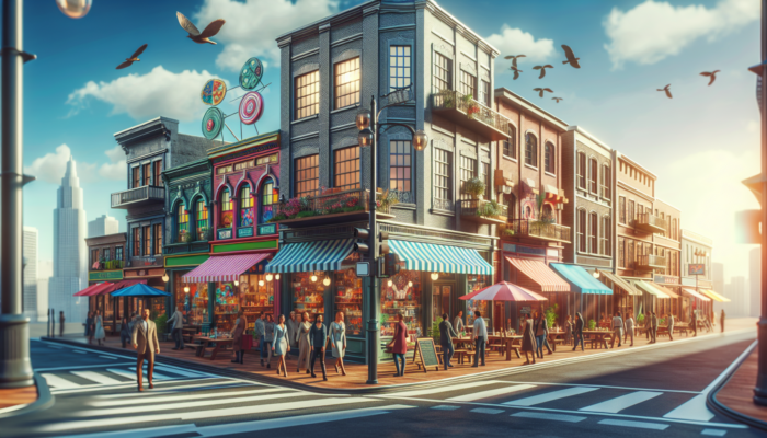 A vibrant city street scene featuring a Google My Business sign and diverse local businesses engaging customers.