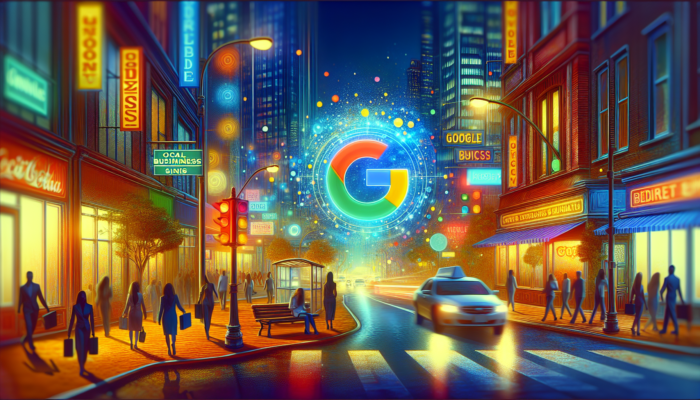 A city street showcasing a Google Business sign, local businesses, and SEO improvement charts.