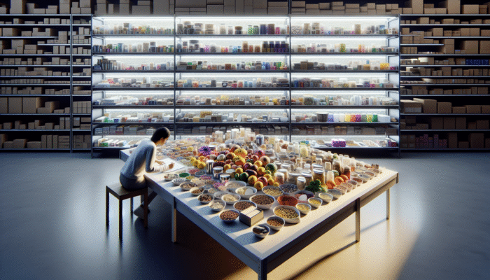 A person categorizing diverse items into labeled groups, with neatly organized shelves surrounding.