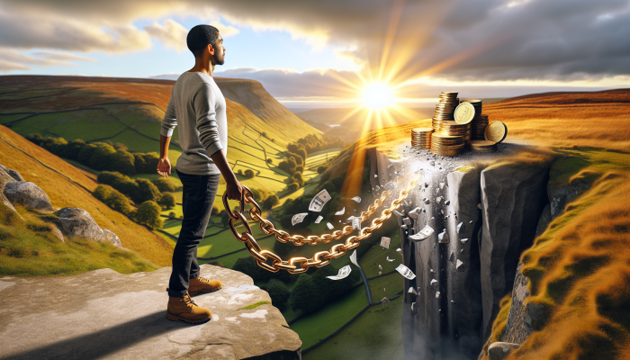 Should You Choose Debt Forgiveness Over Consolidation | DCL Debt Forgiveness: Person on cliff in UK, relieved as debt chains break, sunrise lights path to financial freedom.