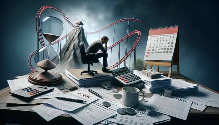 A person reviewing financial documents, surrounded by charts and a calendar, illustrating debt consolidation risks.