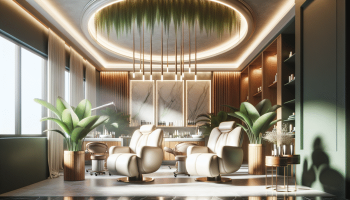 A cozy salon with soft lighting, plants, plush chairs, and warm wooden accents for a serene atmosphere.