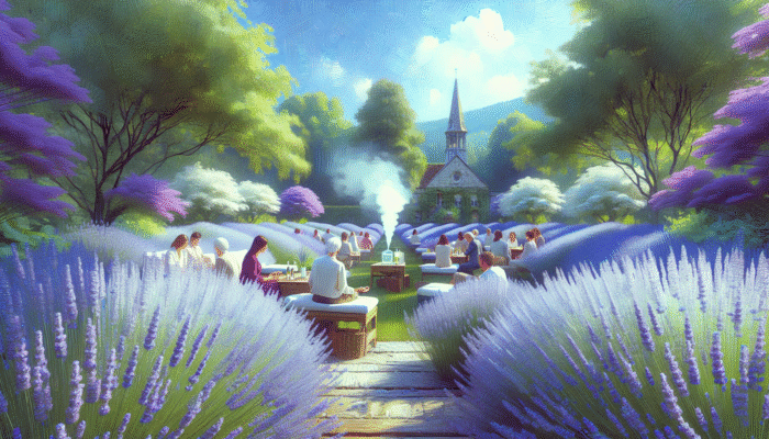 Herbs for Emotional Resilience: A serene British garden with blooming lavender, people using essential oil diffusers for relaxation and emotional resilience.