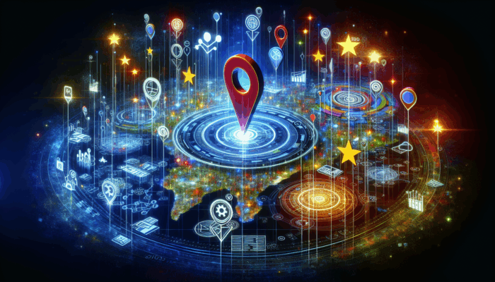A digital map illustrating a business location with SEO icons, signifying enhanced local search rankings.