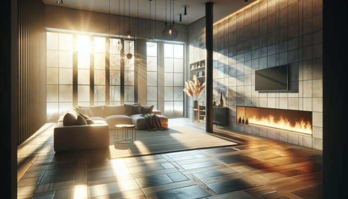 Modern living area with underfloor heating, warm stone tiles, creating a dust-free, serene atmosphere that enhances mood and comfort.