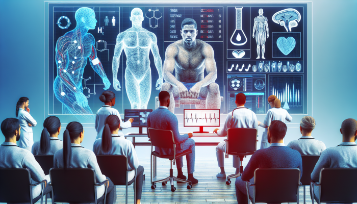 Patient in Ormskirk undergoing testosterone blood test, healthcare professionals analyzing results on screen.