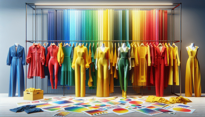 A vibrant wardrobe display featuring dresses, trousers, and jackets in striking yellows, electric blues, passionate reds, and lush greens.