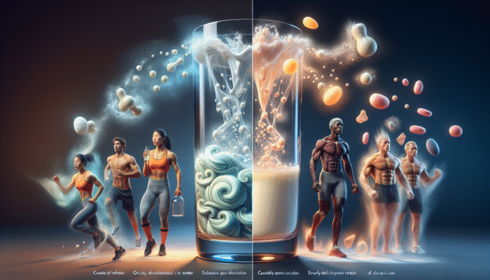 Image depicting the rapid dissolution of whey protein and the gradual release of casein protein overnight, accompanied by symbols representing athletes and recovery.