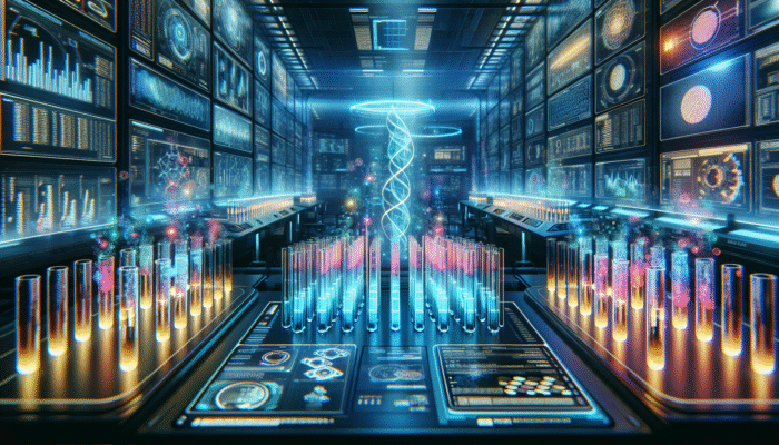A cutting-edge laboratory with glowing test tubes and digital displays presenting protein absorption data.