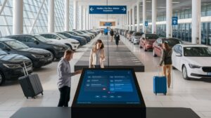 In a bright car rental facility, travelers with suitcases enhance their booking experience at a large touchscreen kiosk. Rows of parked cars line both sides, overhead signs provide directions in multiple languages, and natural light floods the space.