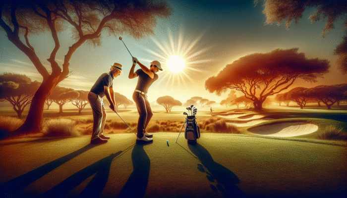 A South African golf professional coaching a player on swing adaptability on a lush course under the African sun.