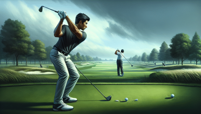 Golfer observing a professional adapting their swing at a local tournament in challenging weather.