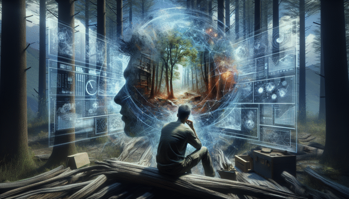 A person visualizing a survival scenario, constructing shelter in the forest, enhancing skills.