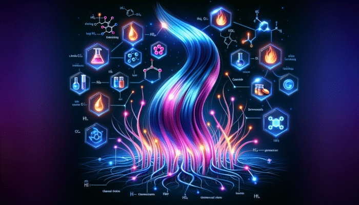 Illustration of hair strands with reconnecting disulfide bonds, surrounded by symbols of hair damage causes.