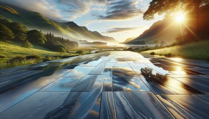 A picturesque Inverclyde landscape showcasing a luxurious waterproofed stone floor that reflects its vibrant surroundings, illustrating durability and protection.