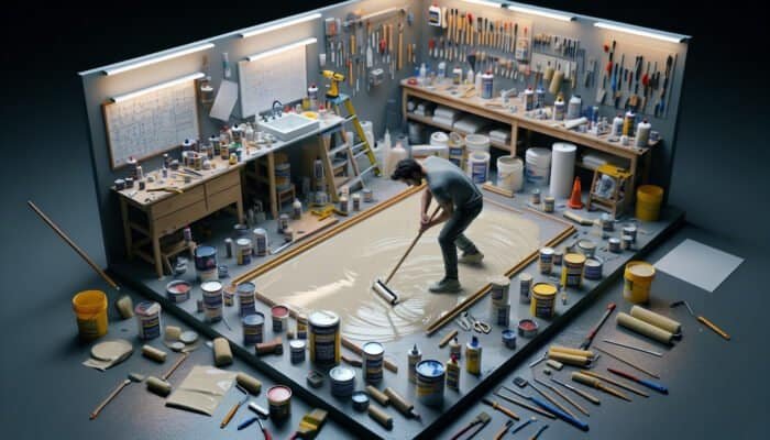 An individual applying waterproof sealant using tools and materials in an orderly workspace.