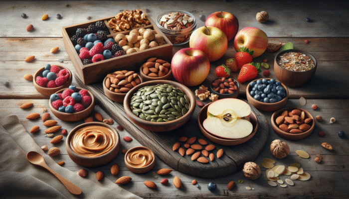 A colorful array of healthy snacks including nuts, seeds, and fruit-based treats displayed on a rustic wooden table.