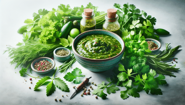 How to Make an Argentine Chimichurri Sauce: Argentine chimichurri sauce with fresh, organic herbs: parsley, oregano, cilantro from a lush garden.