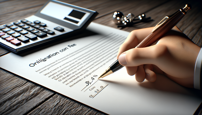 Understanding Debt Consolidation Loan Origination Fees | DCL Understanding Debt Consolidation Loan Origination Fees: Hand signing loan document, calculator displays £300 origination fee on £10,000 loan.