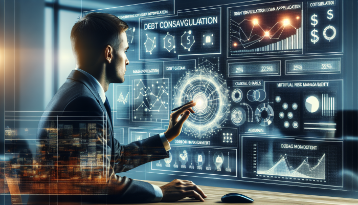 Risk Mitigation Strategies Through Origination Fees | DCL UK lender assessing debt consolidation loan risk in modern office with financial charts and economic trends on screen.
