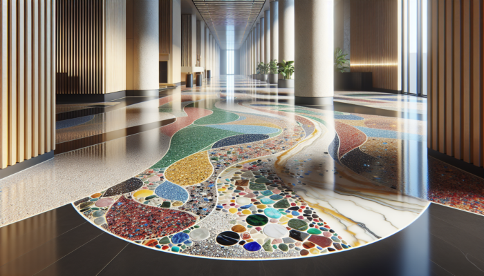 A vibrant terrazzo floor with colourful chips in a glossy epoxy base, showcasing intricate patterns in a modern space.