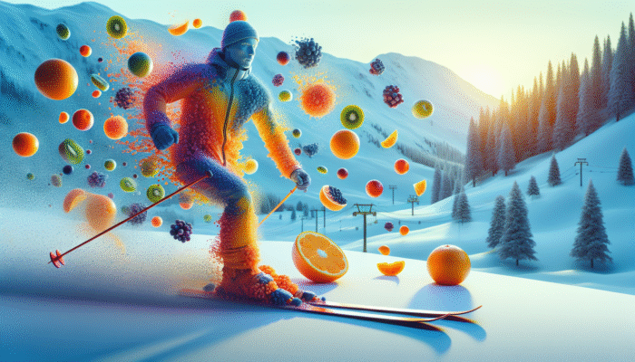 Athletes skiing in a snowy landscape, surrounded by vitamin C-rich fruits like oranges and kiwis, to boost immunity.