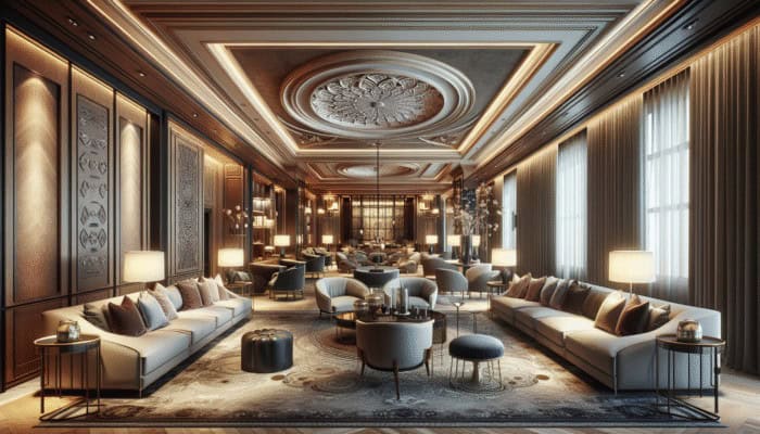 Sophisticated interior of Franklin Lounge Delano featuring high ceilings, plush sofas, and inviting seating in rich colors and soft accents.